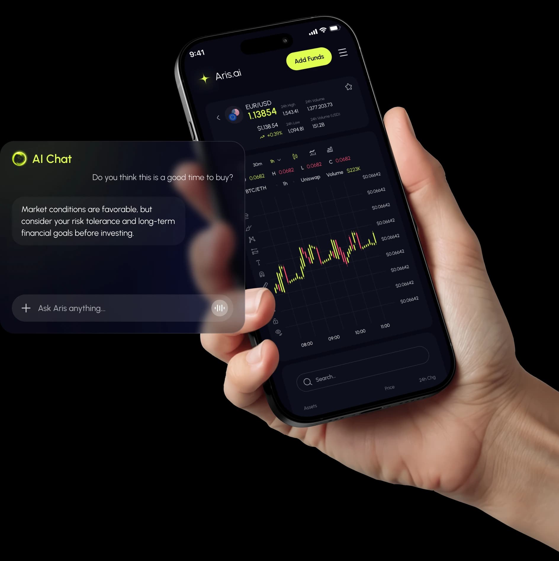 Aris AI personal trading assistant answering a question on mobile